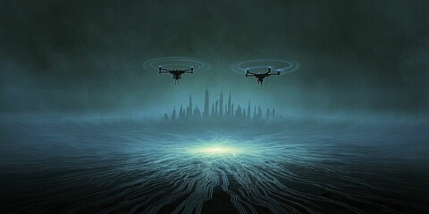 Drones surveying a smart city skyline, with neon trails indicating their paths, capturing data in a synchronized, futuristic environment.