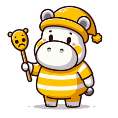 Fototapeta premium Cheerful hippo beekeeper in yellow striped outfit with honey dipper. Vector illustration for honey production, bee farming and natural sweetener concepts.
