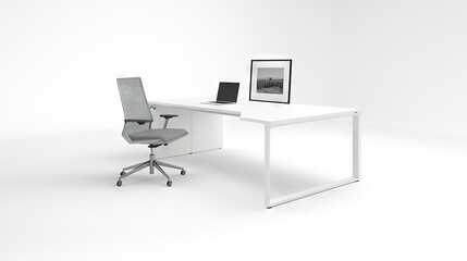 Minimalist White Desk with Framed Photo and Chair, Bold White Background, Simple Design, Professional Photography