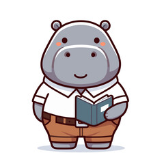 Naklejka premium Intellectual hippo student reading book in casual outfit with collared shirt. Vector illustration for educational resources, literary interests and self-improvement concepts.