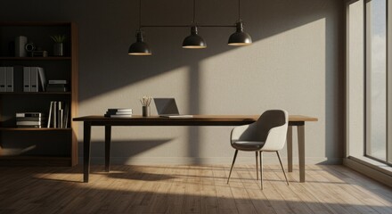 Modern workspace with laptop and chair.