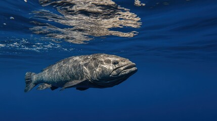 Naklejka premium Underwater shot of a large, grey fish swimming in deep blue water.