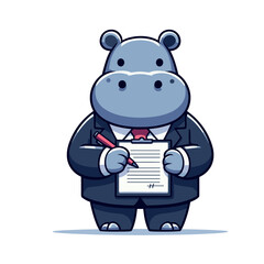 Naklejka premium Professional hippo businessman with contract document in navy suit. Vector illustration for legal agreements, business negotiations and corporate paperwork concepts.