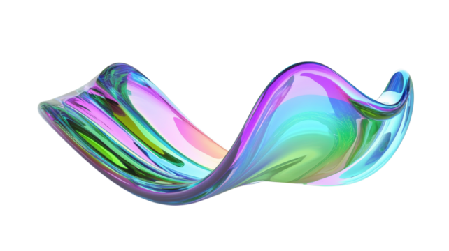 Colorful glass sculpture shaped like a wave displayed on a white background in a contemporary setting