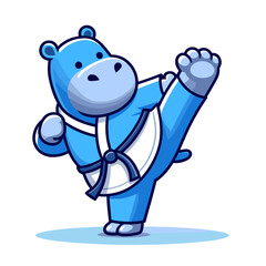 Athletic hippo in blue karate gi performing high kick. Vector illustration for martial arts training, self-defense classes and competitive sports concepts.