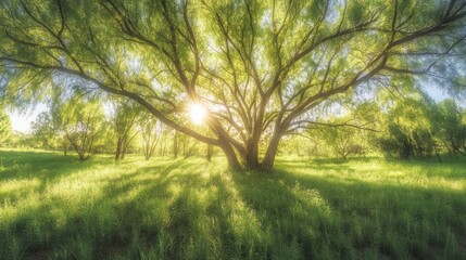 Fototapeta premium Sunlit willow tree in a lush green meadow, sun rays streaming through branches.