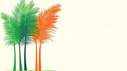 Vividly colored palm trees standing on green grass with white background