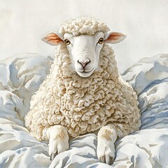 Naklejka premium A Fluffy Sheep Resting Comfortably in Soft Bedding. This charming illustration showcases a peaceful scene.