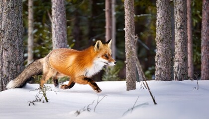 Obraz premium Vibrant red fox dashes through a dense taiga forest, its bright fur creating a striking contrast against the pristine white snow. A vivid winter wildlife scene