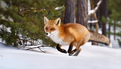 Fototapeta premium Vibrant red fox dashes through a dense taiga forest, its bright fur creating a striking contrast against the pristine white snow. A vivid winter wildlife scene