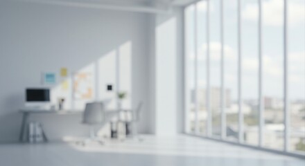 Modern office space with large windows.