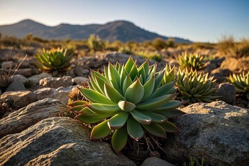 Obraz premium Image of succulents growing in a desert environment with rocks and sparse vegetation, with a mountain