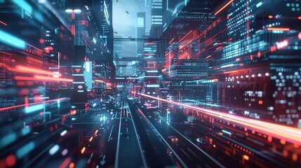 Fototapeta premium Neon Futuristic Cityscape with Digital Light Trails