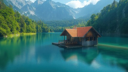 Naklejka premium Secluded wooden lake house nestled in tranquil mountain scenery.