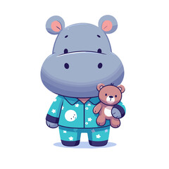 Naklejka premium Hippo in pajamas holding teddy bear. Vector illustration for bedtime stories, children's sleepwear products or comfort toy marketing concepts.