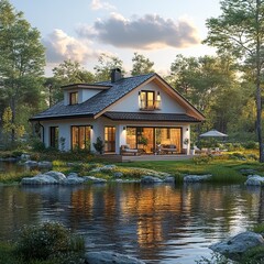 Fototapeta premium Lakeside Modern House at Sunset, Forest Setting