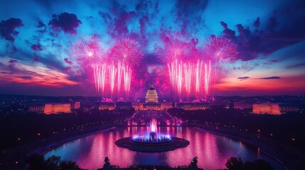 Fireworks illuminate the US Capitol building at night, reflected in a tranquil pool.
