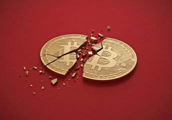 Coin bitcoin is broken in half on red background. The fall and collapse of the course of the crypto currency, the ban on trade, fall down