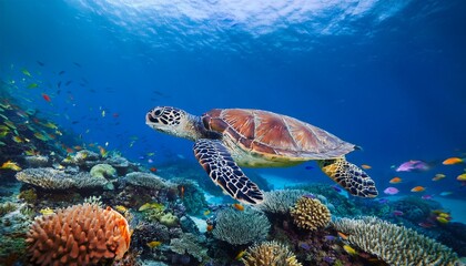 Obraz premium Graceful sea turtle gliding effortlessly through a vibrant coral reef, surrounded by colorful fish and brightly hued coral formations. Underwater paradise
