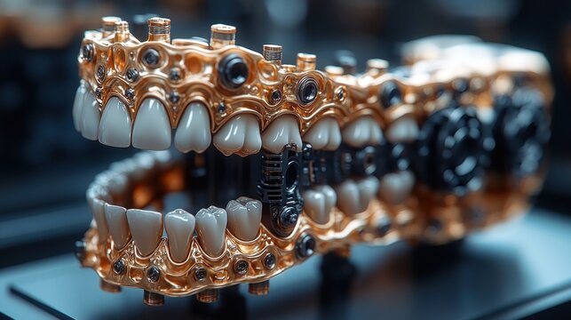 hyper-realistic dental articulator with gold mechanical components and dental model for bite correction with mouthguard