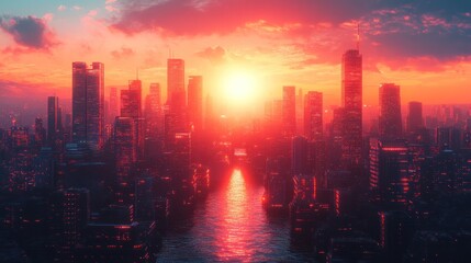 Fototapeta premium Vibrant sunset over futuristic cityscape with river.
