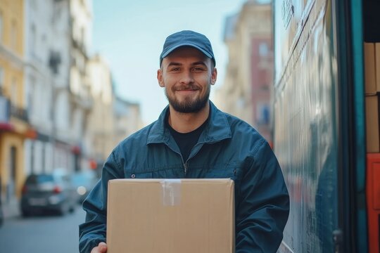 Smiling delivery person holding a package in an urban street setting, ready to deliver a package with positive attitude