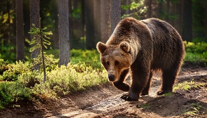 Majestic Siberian brown bear lumbering through a dense taiga forest, its massive paws leaving deep tracks in the soft ground. Powerful and wild