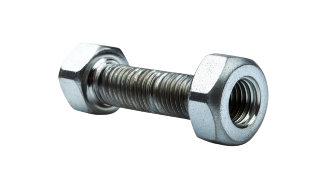 Metal bolt with two hexagonal nuts resting on a plain surface in a well-lit environment showcasing its shiny finish and detailed threading