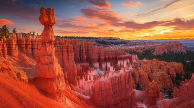 an otherworldly landscape featuring towering hoodoos with vibrant red and orange hues, sculpted over millennia by wind and water erosion, set against a dramatic sunset sky.