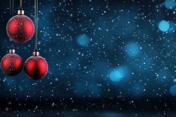 Red Christmas Ornaments Hanging on a Dark Blue Background with Falling Snowflakes and Bokeh Effect