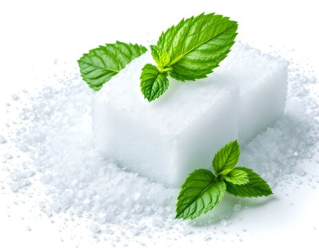 Cube sugar or crystallized sugar with its syrup and mint leaves isolated on white with powde - Powered by Adobe