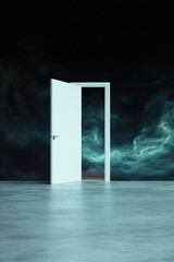 Illuminated door stands open against dark, swirling cosmic backd