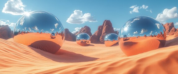 Surreal Desert Landscape with Reflective Metallic Rings and Spheres in Sand Dunes Under Clear Blue Sky