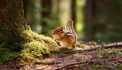 Obraz premium Agile Siberian chipmunk with its distinctive brown striped coat quickly scurries across the forest floor, searching for food among the natural debris