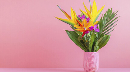 Obraz premium Bright tropical flowers in pink vase against pastel pink background