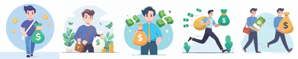 vector young man holding money bag