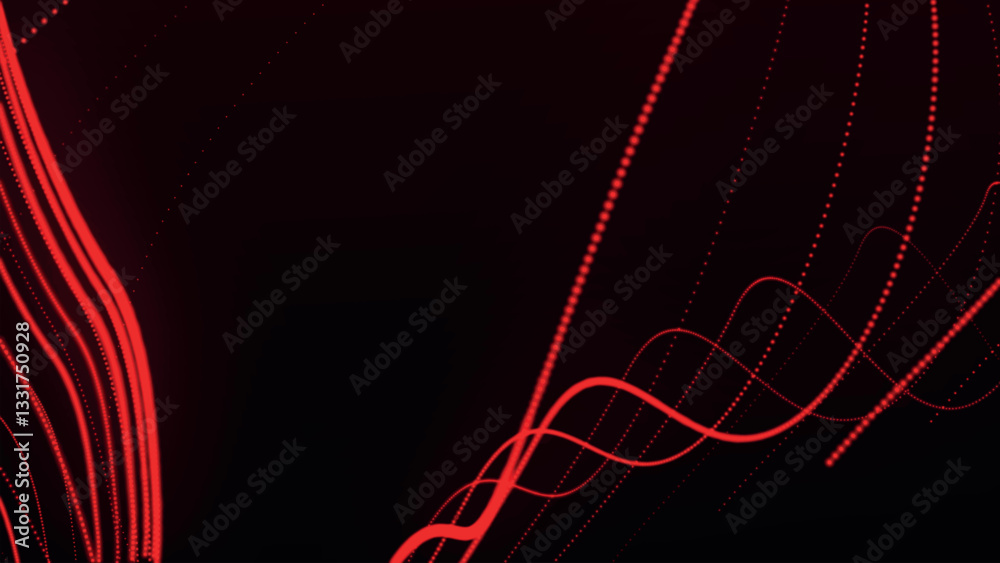 Poster dynamic wave of glowing particles. abstract dotted lines on dark background. chaotic colored lines. 