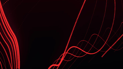 Dynamic wave of glowing particles. Abstract dotted lines on dark background. Chaotic colored lines. Motion effect. Vector illustration