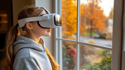 A girl wears a VR headset looking out a window.