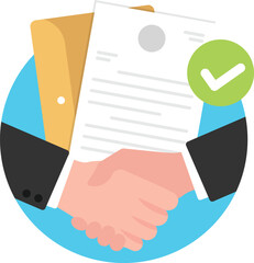 Business people shaking hand in front of approve document icon.