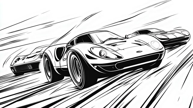 Fototapeta Stylized illustration of racing cars in motion, showcasing dynamic lines and sleek designs with a monochromatic palette.