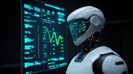 Futuristic robot analyzes data on holographic interface showcasi