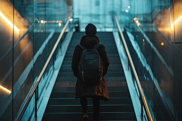 Person with backpack ascending modern glass stairs in city walk blue teal dark urban steps night