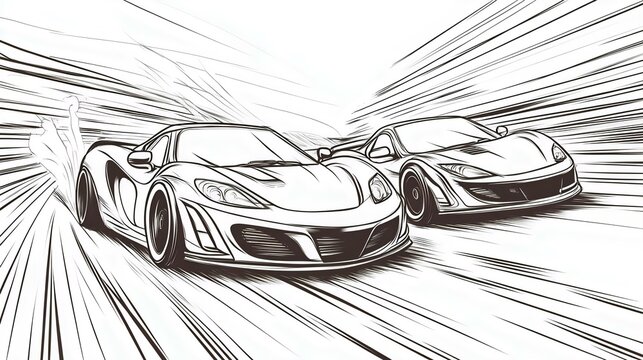 Dynamic illustration of two racing cars speeding on a track, showcasing motion with bold lines and a sense of acceleration.
