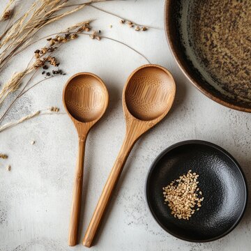 Two wooden spoons, small and large, rest on a light gray surface, amidst dried grasses, small bowls, and seeds.  A muted, earthy color scheme