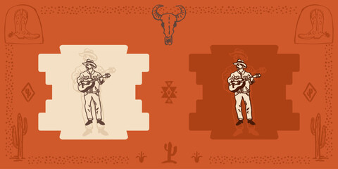 cowboy musician with guitar vector illustration vintage old western country ranch art