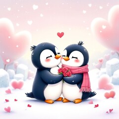 Obraz premium Penguin Love: A Cozy Embrace and Roses Amidst a Heartfelt Snowy Scene.