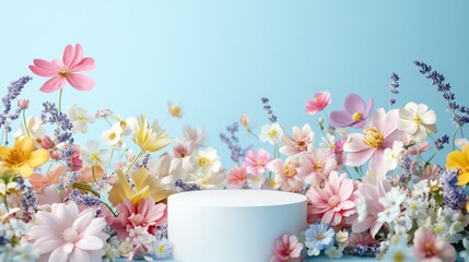 Colorful floral arrangement with pedestal on light blue background.