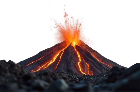 Erupting Volcano with Lava Flow and Fiery Ash Cloud at Sunset