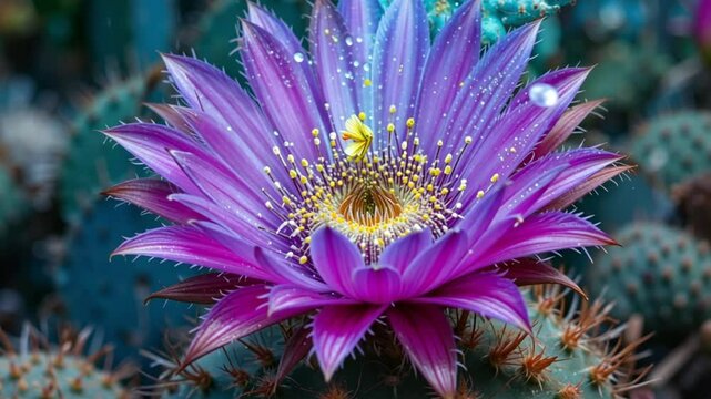 Vibrant Purple Cactus Flower in Full Bloom with Dewdrops"